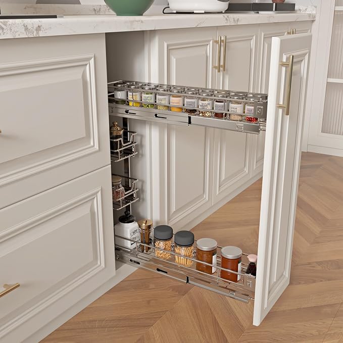Sikarou 4-Tier 5" W x 21" D Narrow Pull Out Cabinet Organizer, Roll out Spice Rack Holder Shelve, Slide Out Slim Storage Wire Baskets for Storage Organization - Image 5