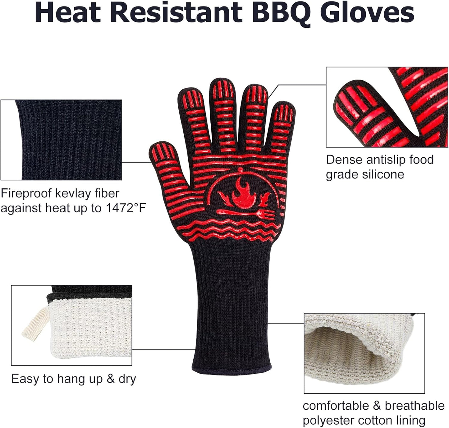 BBQ Gloves, 1472°F Extreme Heat Resistant Grill Gloves, Non-Slip Food Grade Silicone Oven Mitts Gloves for Kitchen, Cooking, Barbecue, Baking, Smoker Red(14inch)