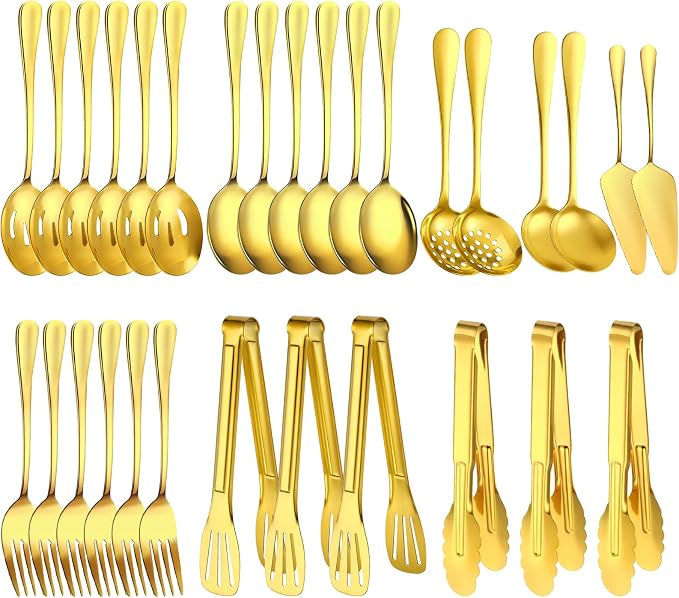 30 Piece Stainless Steel Serving Utensils Set - Buffet Serving Spoons Forks Tongs for BBQ, Parties, Catering, Weddings, Events - Gold by Unknown