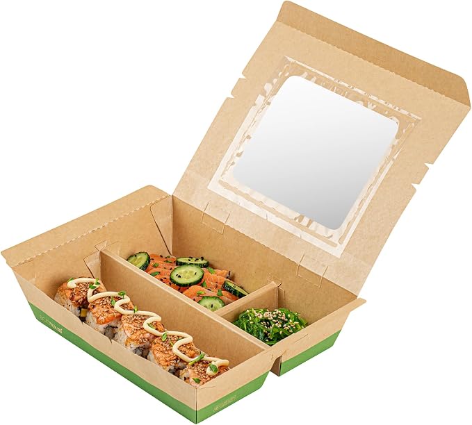 Restaurantware Paper Bento Box 100 Count 51 Ounces Paper Lunch Container Kraft Food Box, Greaseproof Disposable Three Compartment Meal Prep Box with Transparent PLA window - Image 11