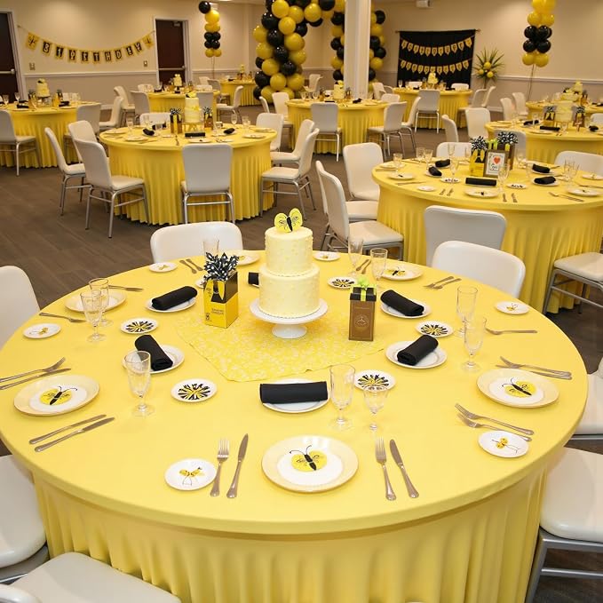 leegleri 6 Pack 60Inch Yellow Spandex Round Tablecloths, Stretchy 120inch Fitted 5FT Round Table Cloths, Wrinkle Free Table Cover with Skirt for Wedding Party Dining Banquet - Image 6