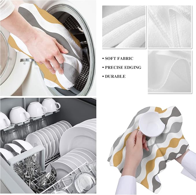 T&H XHome Kitchen Dish Towels 4 Pack-Super Absorbent Soft Microfiber,Mid-Century Modern Geometric Yellow Gray Pattern Cleaning Dishcloth Hand Towels Tea Towels for Kitchen Bathroom Bar - Image 5