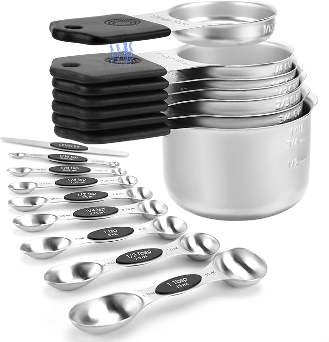 Magnetic Measuring Cups and Spoons Set-Heavy Duty 304 Stainless Steel | Double Measurement Markings,BPA-Free,Set of 16 with Leveler for Measuring Dry and Liquid Ingredients(Black) by HOUJIP