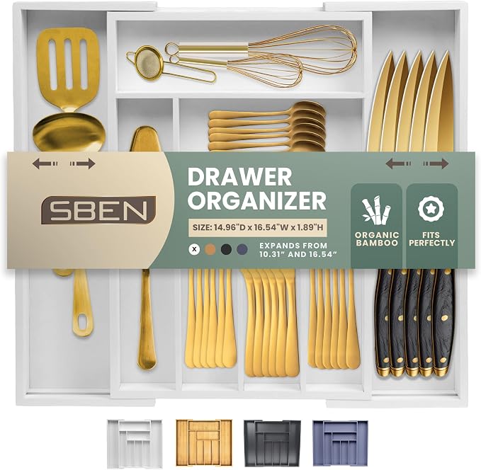 Sben Bamboo Cutlery Drawer Organizer, Expandable 10.3 to 16.5 Inch Silverware Drawer Organizer with 8 Compartments, Utensil Tray and Flatware Organizer for Kitchen Drawers (White, Medium) by SBEN