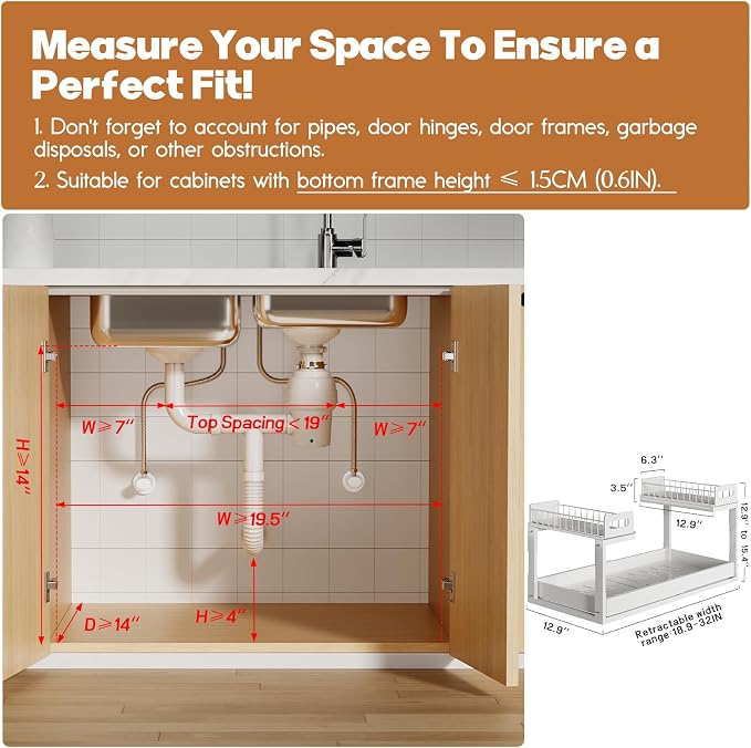 1 Pack-19"-32"W Expandable Under Sink Organizer With Upgrade Ball-Bearing Slide,2-Tier Pull Out Under Cabinet Organizer Height Adjustable,Not Suitable For Cabinets With Partitions In The Middle - Image 2