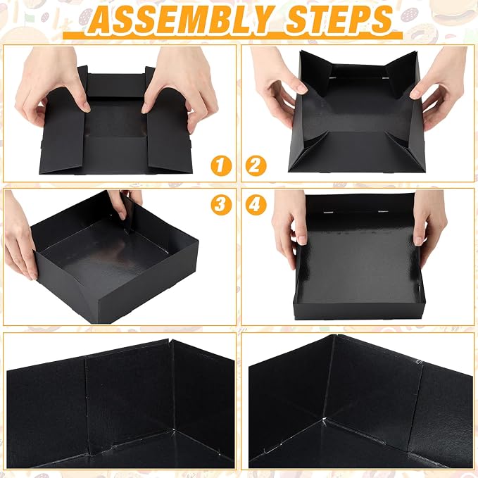 Chinco Black 100 Pcs 7.9 x 7.9 x 2.4 Inch 4 Corner Pop Food Tray Kraft Paperboard Disposable Foldable Cardboard Food and Drink Stadium Containers Movie Night Snack Trays Fries Holder Carrier - Image 3