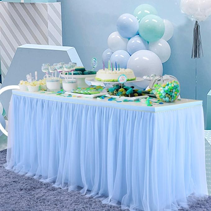 167in Baby Blue Tulle Table Skirts for Rectangle Tables 6/8ft, 2-Layer Gold Grim Ruffle Tulle Tutu Blue Cloth Table Skirt 14ft Decor Boy Birthday Party Baby Shower Cake Dessert Tables(No Table Cover) - Image 8