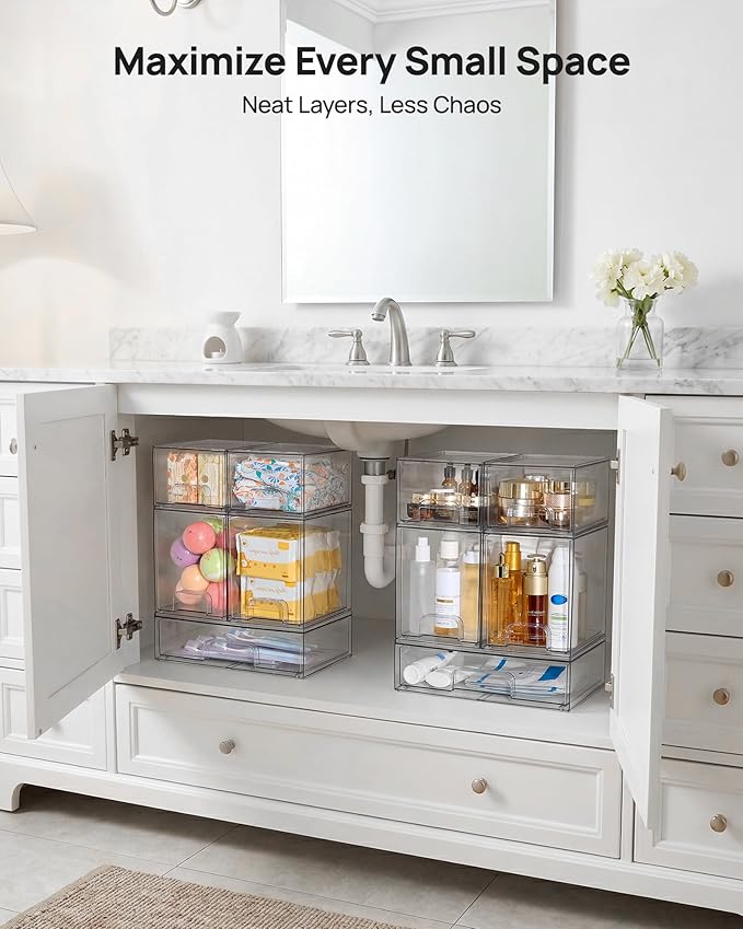 Vtopmart Clear Stackable Storage Drawers Set of 5, Plastic Organizer Bins | Multi-purpose Boxes for Baby Bottle Storage, Ideal for Kichen, Vanity, Bathroom, Undersink, Cabinet, Pantry Organization - Image 6