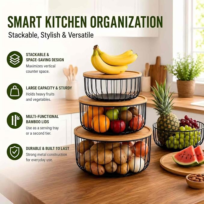 3-Piece Stackable Fruit Basket with Bamboo Lids for Kitchen Counter | Large Mesh Fruit Bowl for Fresh Fruit, Bread & Produce Storage - Image 5