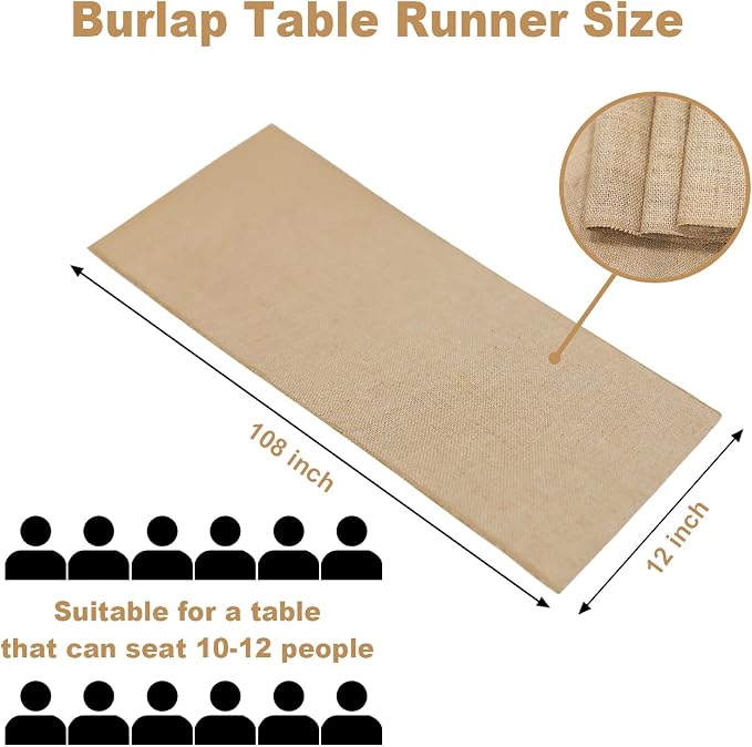 12 Pack Burlap Table Runners 12x108 Inch - Natural Jute Rustic Farmhouse Table Runner Decor for Western Wedding, Farmhouse Party, Holiday & Kitchen Dining Table (Brown, 12x108 12PC) - Image 3