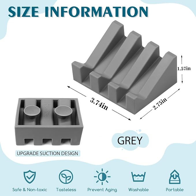 2 Pack Self Draining Silicone Soap Dish for Shower & Kitchen - Waterfall Bar Soap Holder Tray, Non-Slip Soap Saver Keeps Soap Dry, Easy to Clean, Extends Soap Life (Grey) - Image 2