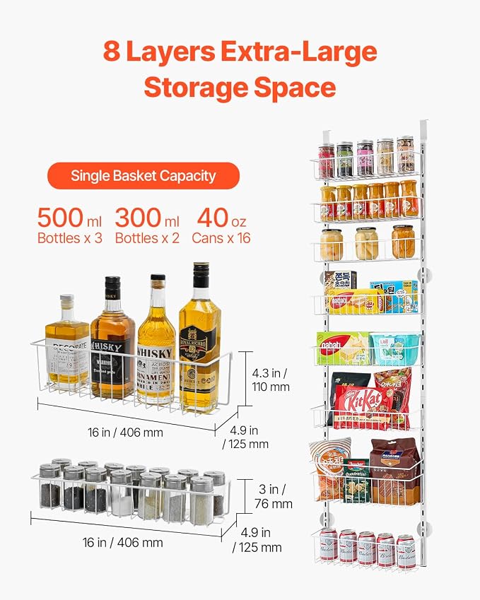 VEVOR Over the Door Pantry Organizer, 8-Tier Pantry Organization and Storage, Heavy-Duty Steel Hanging Spice Rack, Adjustable Wall Seasoning Shelves, for Home Kitchen Laundry Room Bathroom, White - Image 5