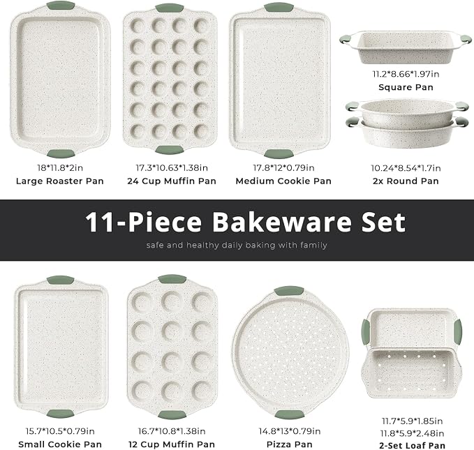 11-Piece Non-Toxic Baking Set, Stackable Nonstick Cookware, White&Green | Bakeware Set with Heat-Resistant Handles - Includes Cookie Tray, Round Cake Pan, Muffin Cups, Pizza Pan & Loaf Baker - Image 2