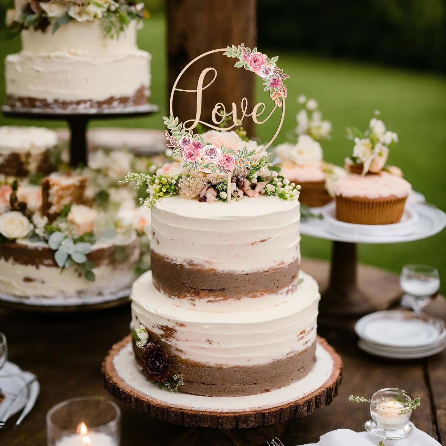Love Wedding Cake Topper Floral Wedding Engagement Cake Decoration in Wood (Design 01)