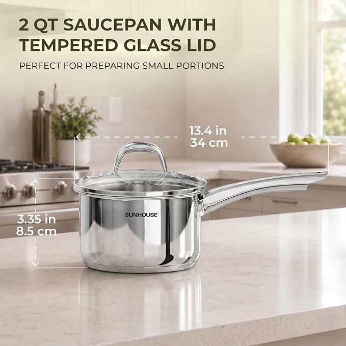 Sunhouse: Stainless Steel Saucepan - Classic: 2 Quart - Tempered Glass Lid, 3-Ply Bottom, Round-Edge Cookware Pot, All Cooktop-Oven-Dishwasher Safe - Image 2