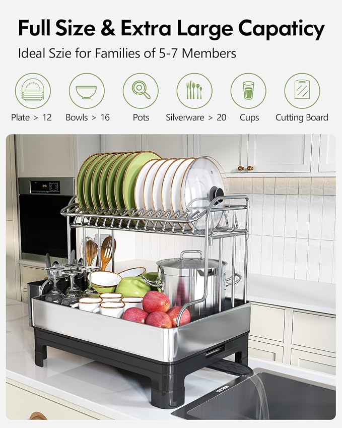 BOOSINY 2 Tier Large Stainless Steel Dish Drying Rack with Drain Board - Image 6