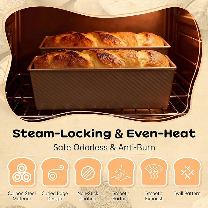 2 Pack Pullman Loaf Pan with Lid - 2.2LB Non-Stick Bread Pan, Carbon Steel Square Toast Mold with Silicone Spatula & Oil Brush, Baking Kit for Homemade Sandwich & Sourdough, Housewarming Gifts - Image 3