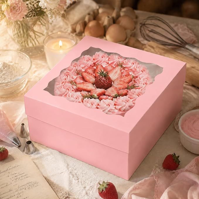 qiqee Pink 12"x12"x8" Cake Box 36Pcs, 12" Pink Cake Round Boards 36Pcs, for Cake, Treat Cookie Dessert, Pastry, Birthday Party - Image 8