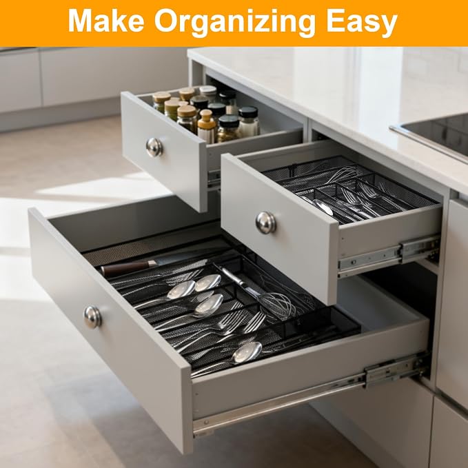 2 Pcs Utensil Drawer Silverware Organizer, Metal Mesh Expandable 13" ~24" Kitchen Drawer Organizer, 7-9 Slots Cutlery Tray Dividers for Kitchen Flatware Christmas Housewarming Gift (Black) - Image 4