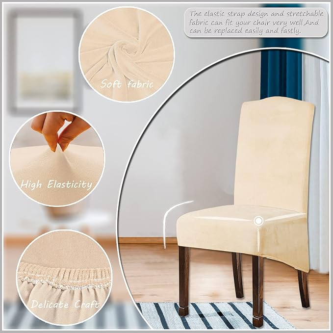 Velvet Plush XL Dining Chair Covers, Stretch Chaircover, Spandex High Chairs Protector Covers Seat Slipcover with Elastic Band for Dining Chairs (Cream, Set of 6) - Image 2