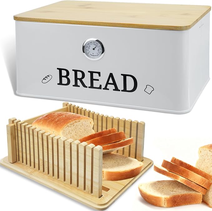 White Bread Box for Kitchen Countertop, Bamboo Lid with Hygrometer by Unknown