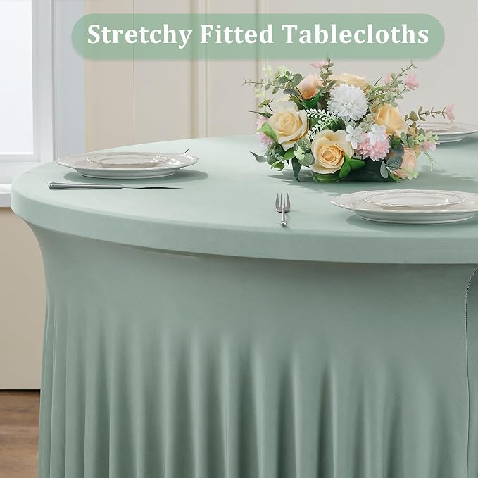 6 Pack Sage Green Spandex Round Tablecloths for 60 inch Table, Wrinkle Free Stretchy 120inch Fitted 5FT Round Table Cover Cloths with Skirt for Wedding Party Dining Banquet - Image 2