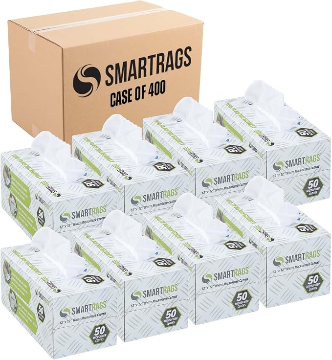 Arkwright Smart Rags Microfiber Cleaning Cloths Bulk, Case of 400, Lint Free 180 GSM Reusable Towels for Auto, Office and Household Cleaning, 12 x 12 in, White by Arkwright