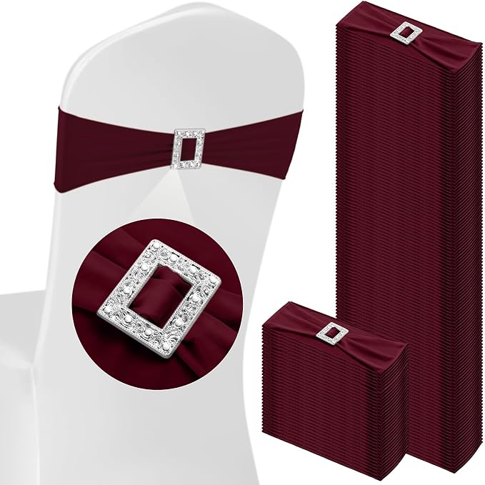 VitalCozy 100 Pcs Spandex Chair Sashes Wedding, Square Buckle, Burgundy by VitalCozy