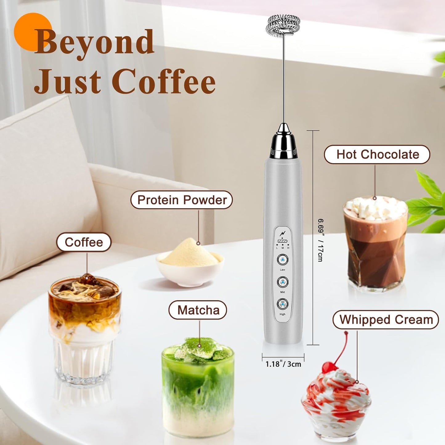 Milk Frother Handheld Rechargeable, Frother Wand Drink Mixer Electric Whisk for Coffee, Detachable With 3 Stainless Whisks, Hand Mixer for Lattes, Cappuccino, Matcha, Egg, No Stand, Silver