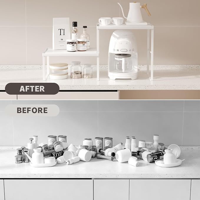 Kitchen Counter Oganizer Stackable Spice Rack for Countertop Kitchen Countertop Organizer Heavy Duty Kitchen Counter Shelf Metal Spicy Shelf for Countertop (2 Pack, White) - Image 5