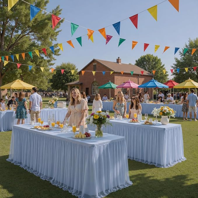 CO-AVE 2pack Dusty Blue Tulle Tablecloth for 8 Foot Rectangular Tables, 2-in-1 Elastic Stretch Spandex Cover with Tutu Ruffle Skirt, Wrinkle Free for Wedding, Birthday, Banquet, Buffet, Bridal Shower - Image 3