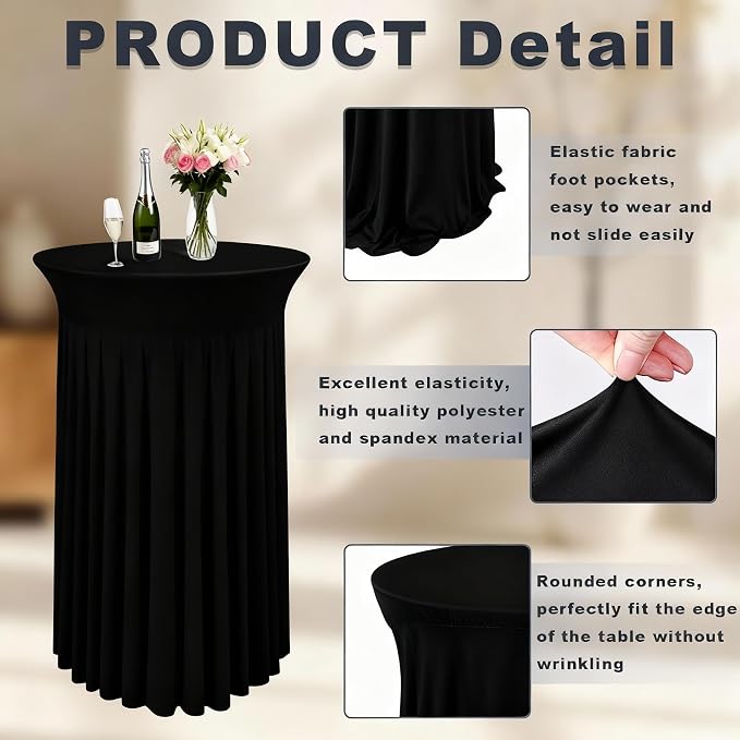 6 Pcs Black Spandex Stretch Round Cocktail Table Skirt, 32x43 Inch High Top Table Covers, Fitted Table Cloths for Wedding, Bar, Banquet, Party Decor & Event Supplies - Image 3