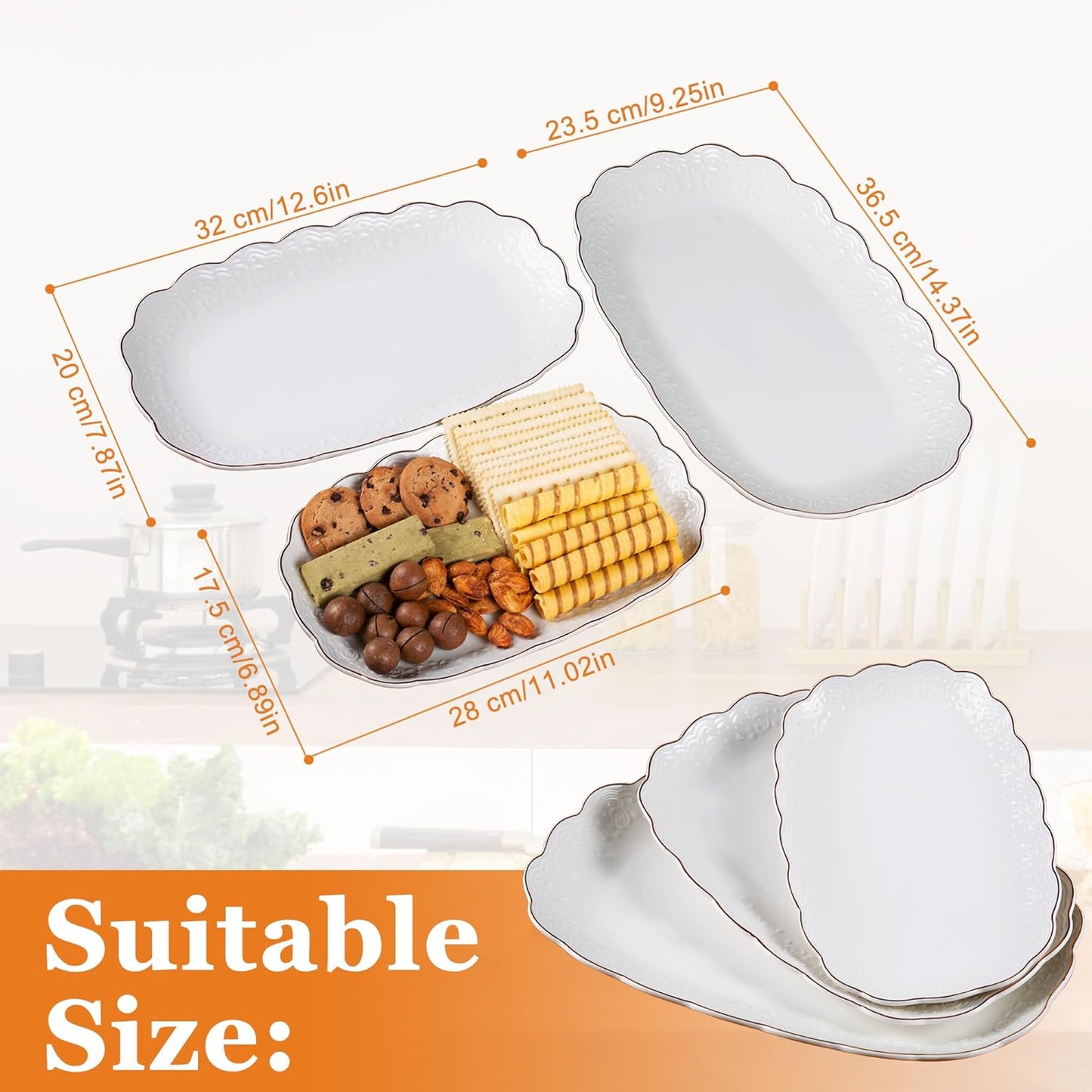 Kassel Ceramic Serving Platter Set | 14”/12”/10” Oval Serving Trays for Entertaining at Parties and Weddings | Oven Safe Large Serving Trays for Tacos, Steak, and Cake