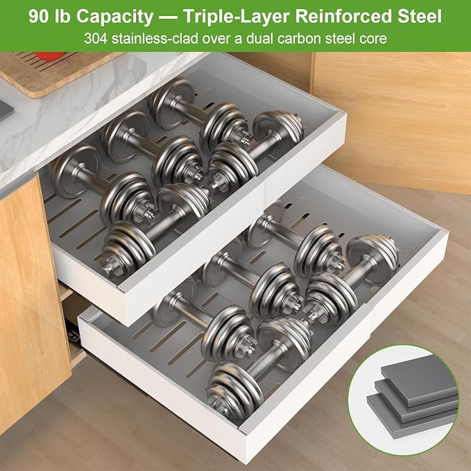 ANTOWIN 1-Pack Expandable Pull Out Cabinet Organizer 16.5"Deep(12.2"-20.5"W), 3 Full Extension Glides Slide Out Drawers, Roll Out Shelves Adhesive Raising Pad,Compatible Framed Cabinets,90lb Cap,White - Image 5