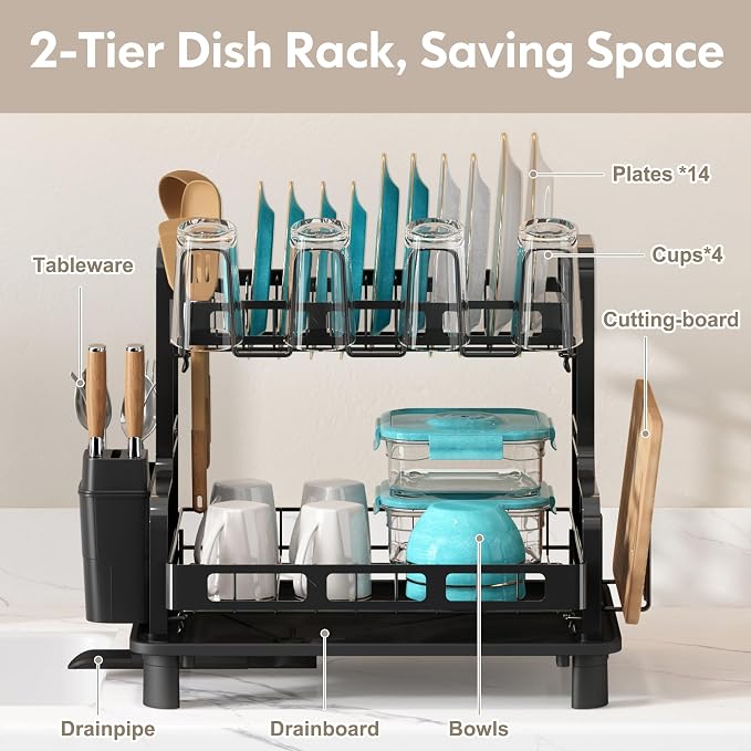 BOOSINY 2 Tier Black Dish Drying Racks for Kitchen Counter with Drainboard - Image 2