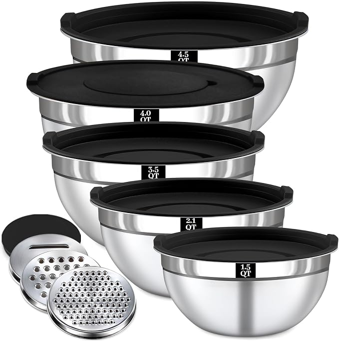 8PCS Mixing Bowls with Lids Set - 5 Nesting Mixing Bowls, 3 Grater Attachments, Lids, Stainless Steel Mixing Bowls for Mixing & Serving, Size 1.5/2.1/3.5/4/4.5 QT, Black by Boskermeal