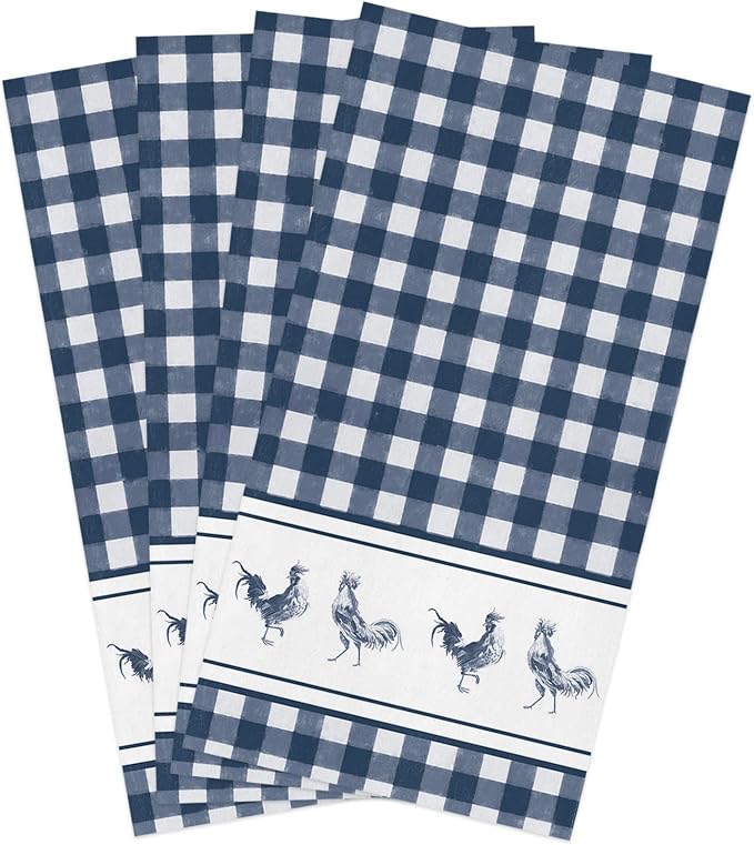 Kitchen Towels Microfiber Cleaning Cloths, Farmhouse Chicken Retro Blue Watercolor Plaid Soft Dish Towels for Kitchen, Pack of 4 Absorbent Hand Towels Reusable Tea Towels,Bar Towels,18x28 Inch by Smile+Sunflower