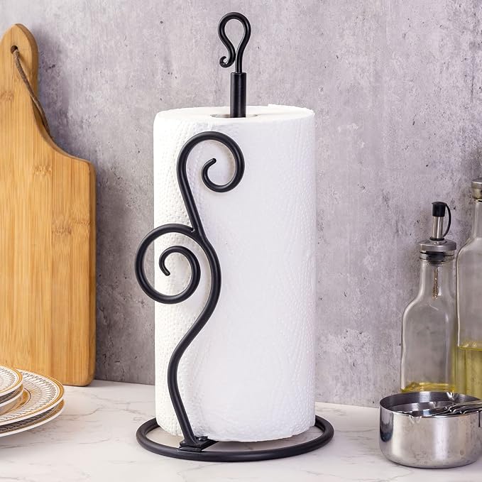 MyGift Rustic Burnt Solid Wood and Industrial Matte Black Metal Dining Combination Caddy with Paper Towel Roll Dispenser Stand, Napkin Holder, and Spice Rack (Matte Black Metal) - Image 4