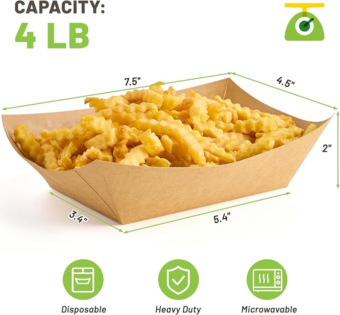 ZORRITA 100 Pack 4 LB Large Paper Food Trays | Disposable, Kraft Paper, Nacho Trays, Food Boats, Party Serving Basket, For Nachos Sandwiches Burgers Popcorns Salads Snacks - Image 2