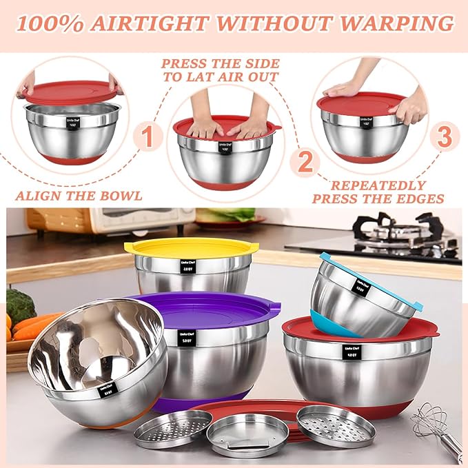 Umite Chef Mixing Bowls with Airtight Lids Set, 8PCS Stainless Steel Nesting Bowls Set, 3 Grater Attachments & Non-Slip Bottoms, Size 5, 4, 3.5, 2, 1.5QT for Baking & Mixing(Colorful) - Image 4