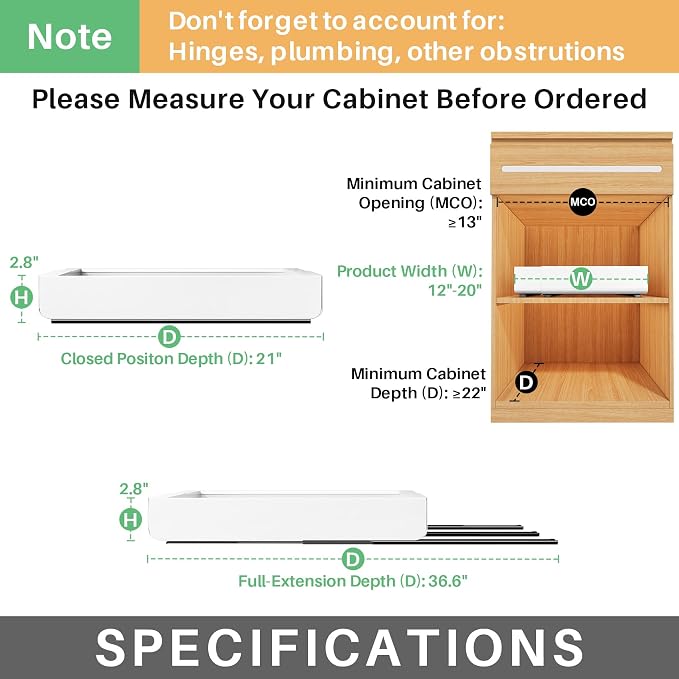 Pull out Cabinet Organizer, 2-pack, Expandable(12"-20") Heavy Duty Slide out Drawers Fixed with Adhesive Nano Film for Pots, Roll out Shelf Storage for Kitchen Base Cabinet Organization(3 Rails) - Image 2