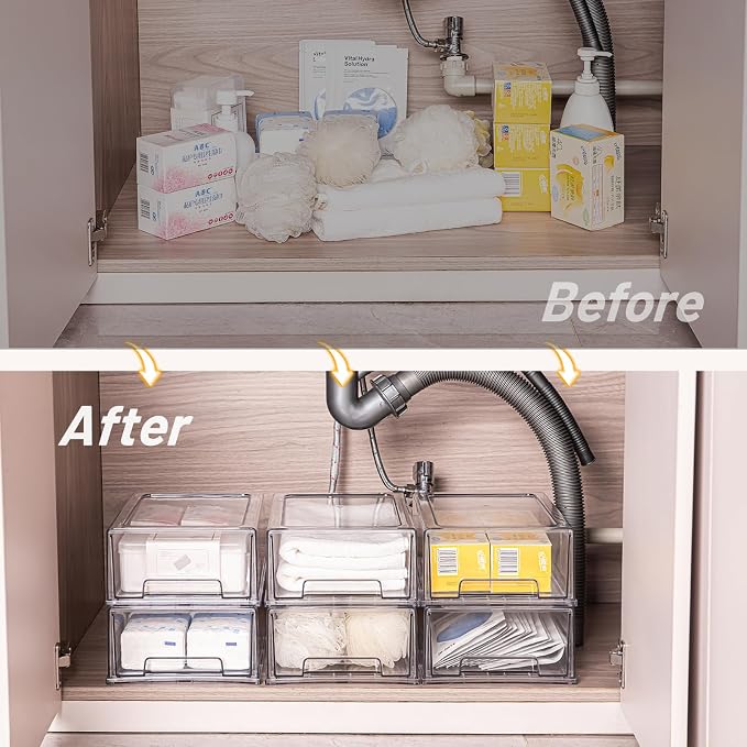 Clear Stackable Storage Drawers 2 Pack M, BPA-Free Plastic Pull Out Organizer with Anti-Slip Pad for Bathroom Pantry Cabinet - Image 5