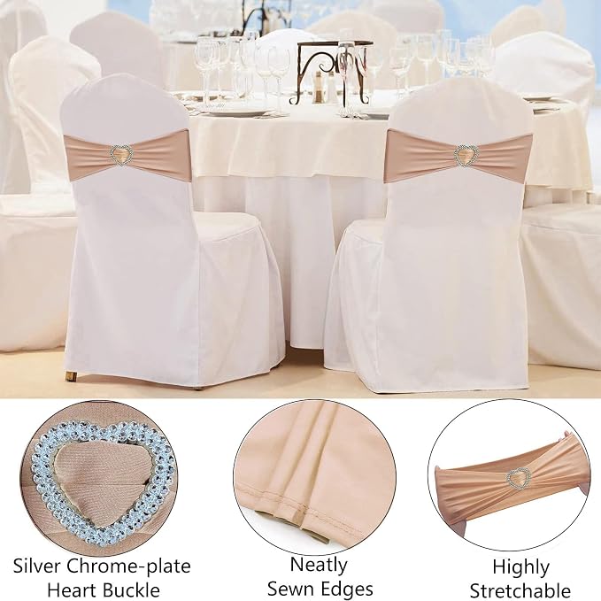 Nude Chair Sashes 25 Pack Spandex Nude Sashes for Chairs Covers Universal Stretch Chair Sashes Band with Heart Buckle Slider Universal Sashes Bows for Wedding Banquet Party Decorations - Image 3