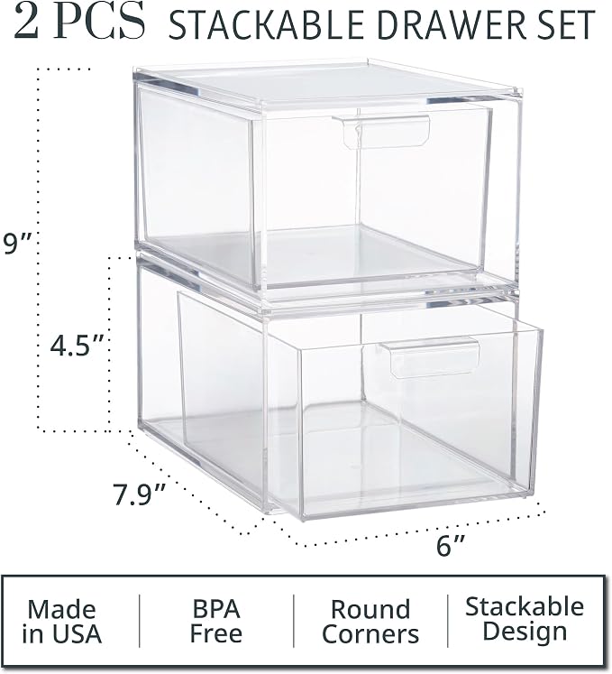 STORi Audrey Stackable Clear Bin Plastic Organizer Drawers | 2 Piece Set | Organize Cosmetics and Beauty Supplies on a Vanity | Made in USA - Image 3