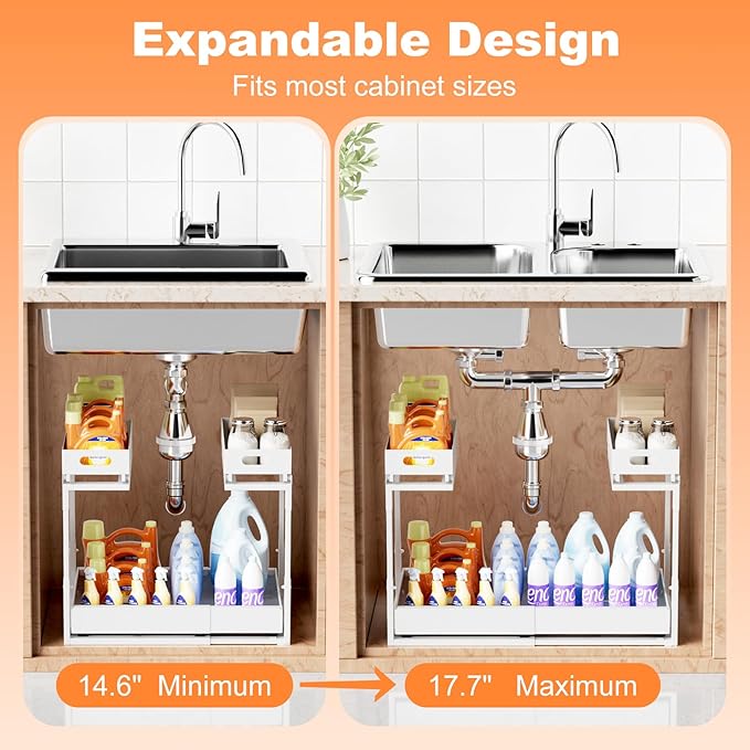 Upgrade 1 Pack Expandable Under Sink Organizer: 2-Tier Pull Out Cabinet with 3 Heavy-Duty Ball-Bearing Slide Rails, Tool-Free Height Adjustable, Slide-Out Drawers for Kitchen, Bathroom, Laundry - Image 6