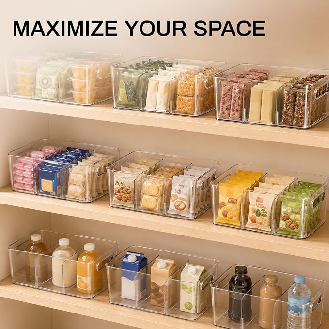 Mpotmiy 6-Pack Pantry Organizers and Storage, Clear Fridge Organizer Bins | Clear stackable plastic bins with removable dividers for packets, snacks, pouches and spices in pantry, fridge or freezer. - Image 8
