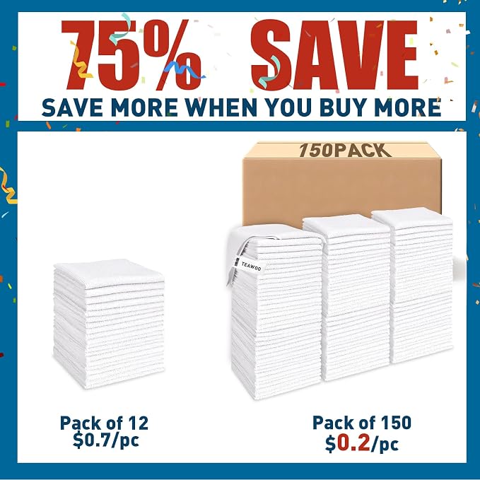 TEAWOO White Microfiber Towels- 150 Pack, Microfiber Cleaning Cloths Bulk - Image 2