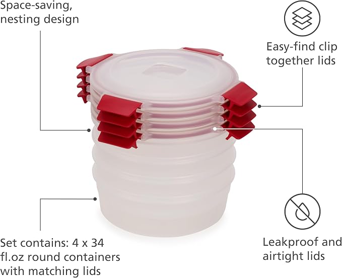 Joseph Joseph Nest Lock 8-piece Plastic BPA Free Round Food Storage Container Set with Lockable Airtight Leakproof Lids - Red - Image 4