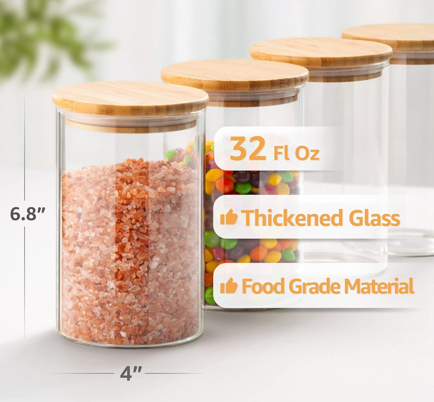 32 FL Oz Glass Jars with Bamboo Lid Set, 4Pack UPGRADE Thick Glass Pantry Storage Canisters Kitchen Clear Food Containers, for Dry Foods Nut Meal Prep Coffee Bean Candy Sugar Cookie Cereal