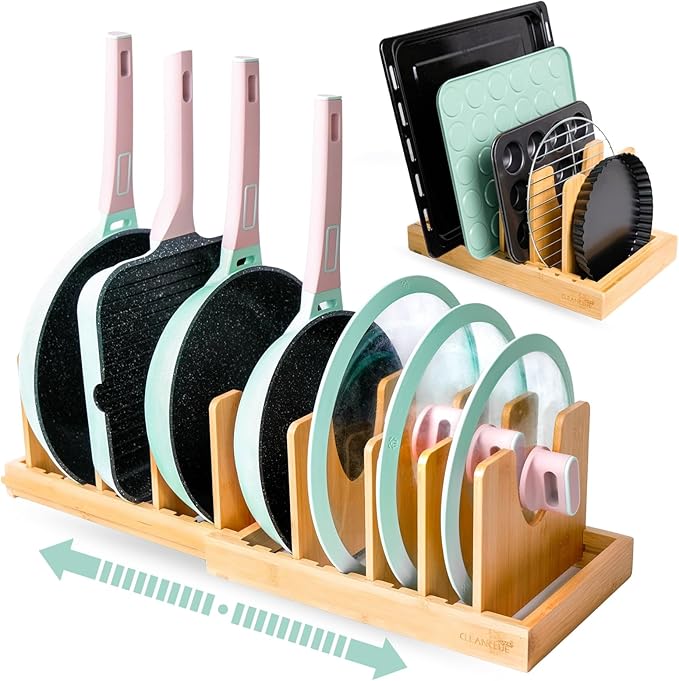 Pots and Pans Organizer under Cabinet Expandable Bamboo Pot Lid Holder Rack by cleanclue